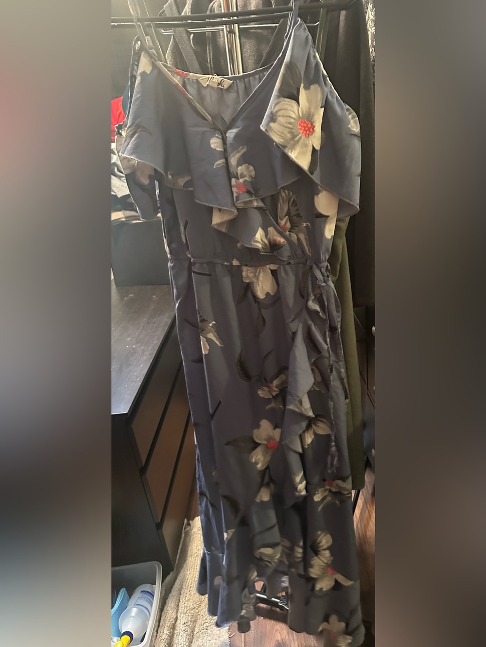 Floral Ruffle Wrap Dress in Slate Blue